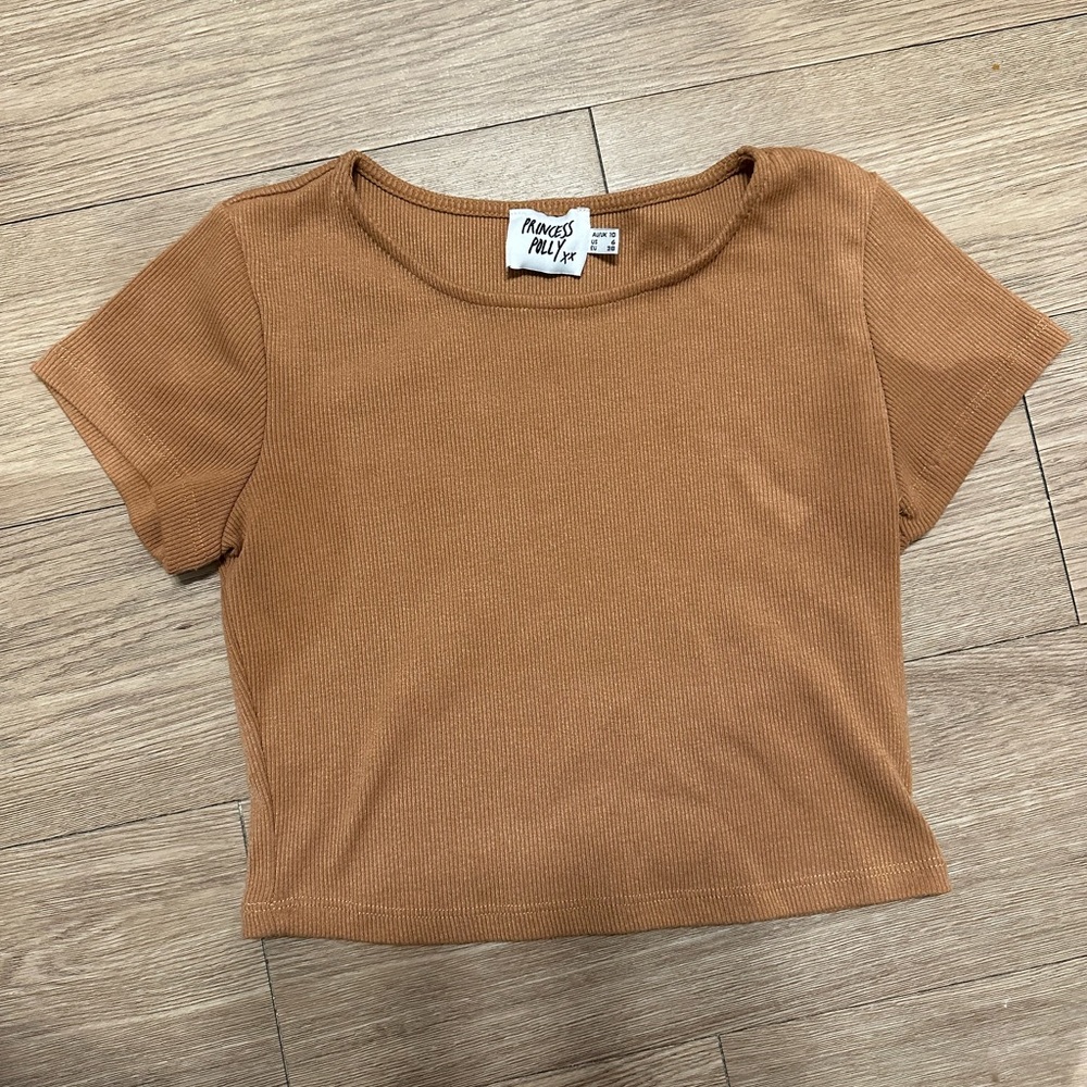 Princess Polly Brown Ribbed Baby Tee Size 6